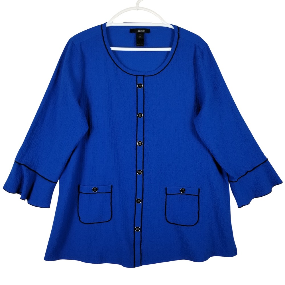 Ali Miles Royal Blue Textured Button Front Top Bell Sleeve Black Trim Womens XL